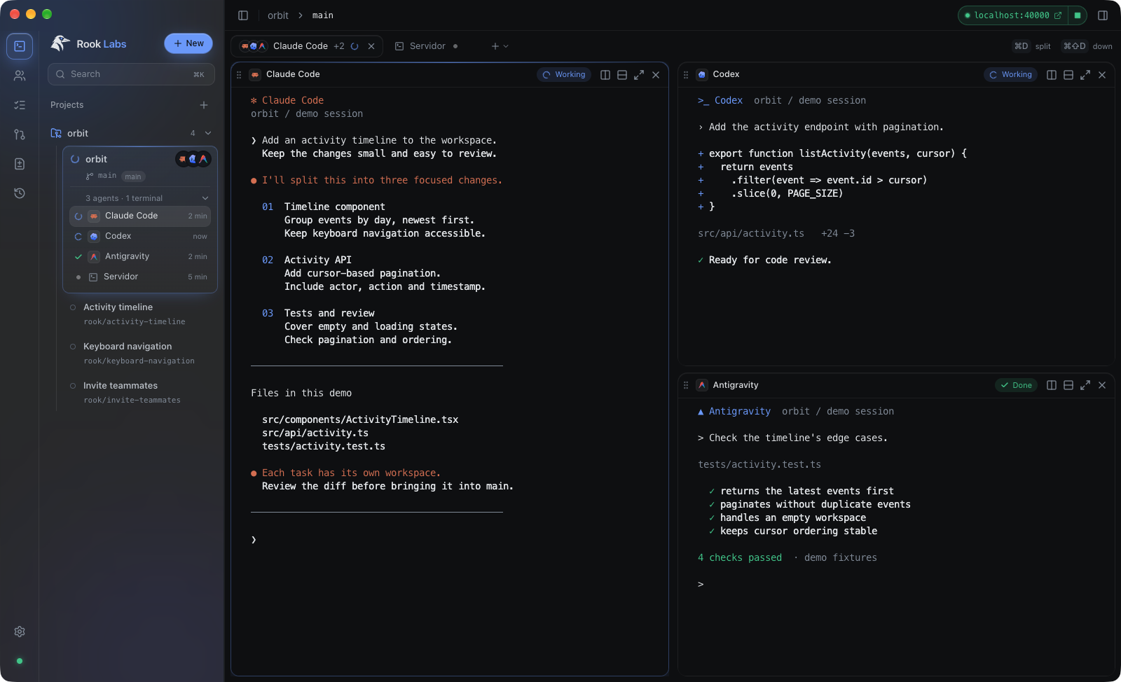 Rook Labs with the fictional Orbit project running, Claude Code on the left, and Codex and Antigravity terminal panes on the right.